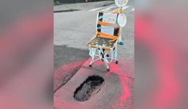 The pothole in the intersection of 128 Street and 114B Ave was about two feet wide and a foot and a half wide, and about two inches deep. (Contributed to Surrey Now-Leader)
