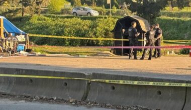 Abbotsford Police Department was called to South Fraser Way where a man was found dead inside a burnt wood structure at a homeless encampment on Friday, April 24, 2026. (Abbotsford Police Department)