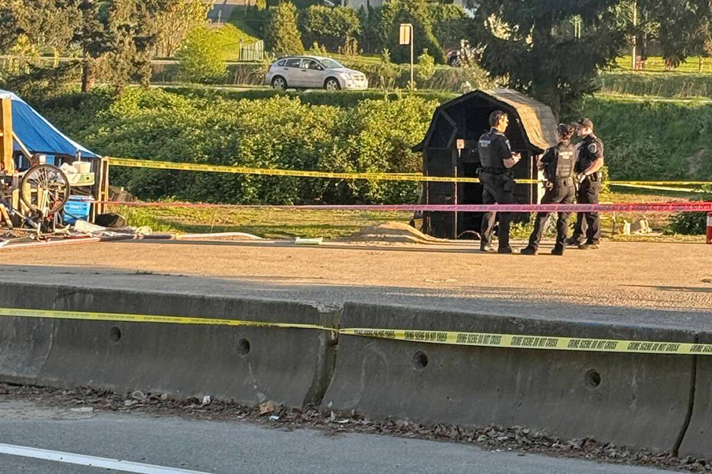Abbotsford Police Department was called to South Fraser Way where a man was found dead inside a burnt wood structure at a homeless encampment on Friday, April 24, 2026. (Abbotsford Police Department)