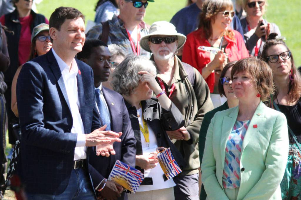 Among dignitaries at the 2026 Nanaimo Infusion event, B.C. Premier David Eby, left, George Anderson (Nanaimo-Lantzville MLA), Josie Osborne (B.C. Minister of Health), Stephanie Higginson (Ladysmith-Oceanside MLA) and Sheila Malcolmson (B.C. Minister of Social Development and Poverty Reduction). (Karl Yu/News Bulletin)