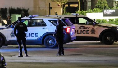 Surrey Police Service are investigating an overnight shots fired incident between two cars on April 25 near the intersection of 105 Avenue and University Drive. (1st Due Media/Contributed to Peace Arch News)