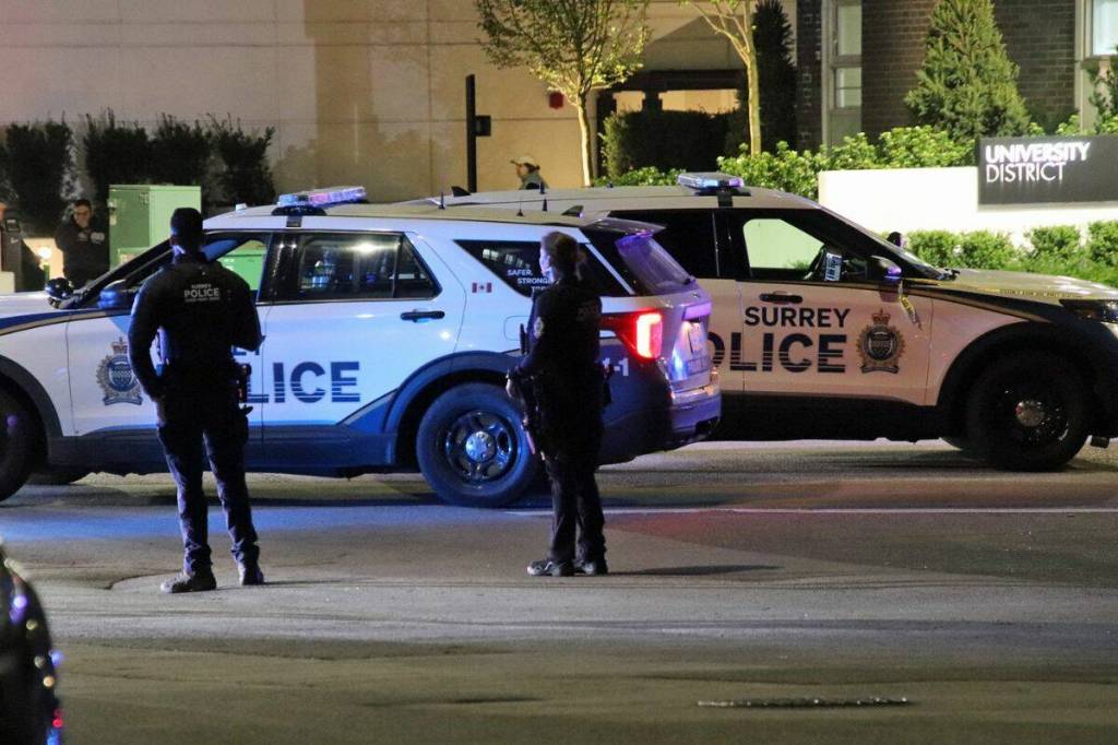 Surrey Police Service are investigating an overnight shots fired incident between two cars on April 25 near the intersection of 105 Avenue and University Drive. (1st Due Media/Contributed to Peace Arch News)