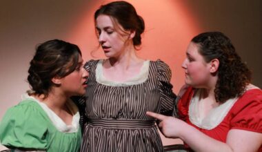 Mallory Hema as Marianne, Ally Rafter as Elinor and Miri Grad as Margaret in the White Rock Players Club Production of Sense and Sensibility, running until May 10 at Oceana PARC Playhouse. (Contributed to Peace Arch News)
