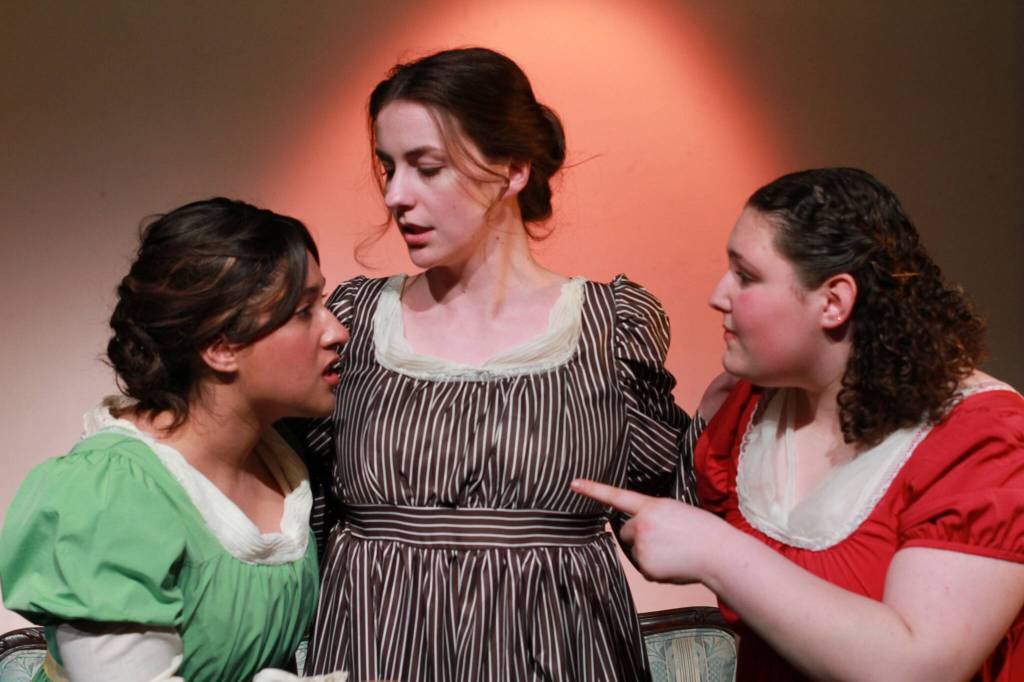 Mallory Hema as Marianne, Ally Rafter as Elinor and Miri Grad as Margaret in the White Rock Players Club Production of Sense and Sensibility, running until May 10 at Oceana PARC Playhouse. (Contributed to Peace Arch News)
