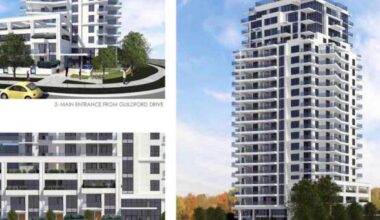 A developer proposes to build a 20-storey apartment building with 175 dwellings in Guildford at 15202 Guildford Drive. (Artist&rsquo;s conception/surrey.ca)
