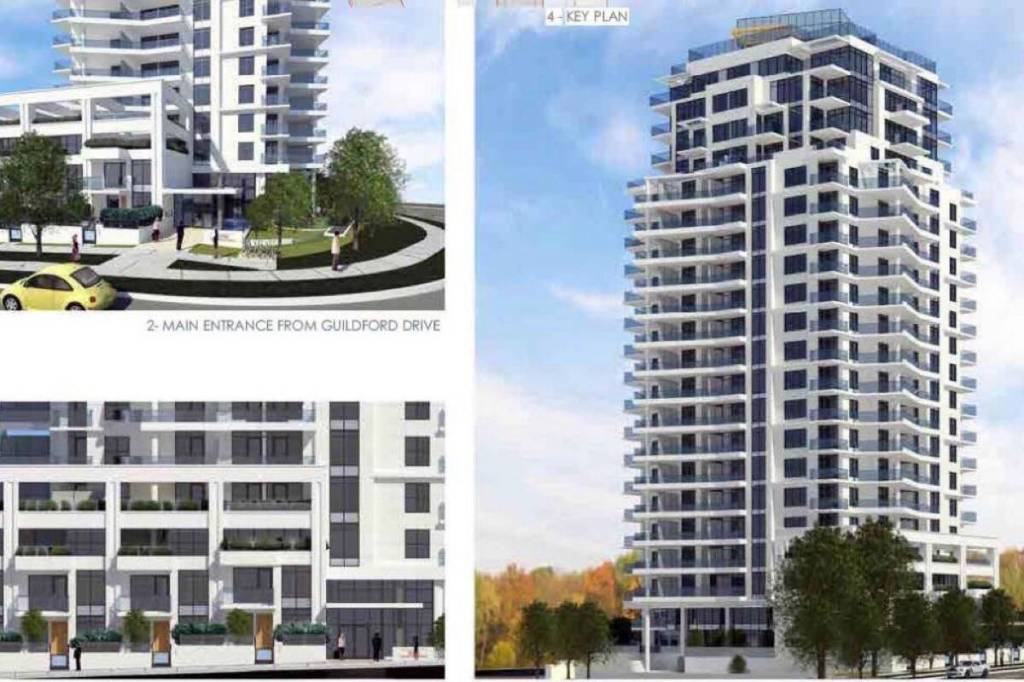 A developer proposes to build a 20-storey apartment building with 175 dwellings in Guildford at 15202 Guildford Drive. (Artist&rsquo;s conception/surrey.ca)
