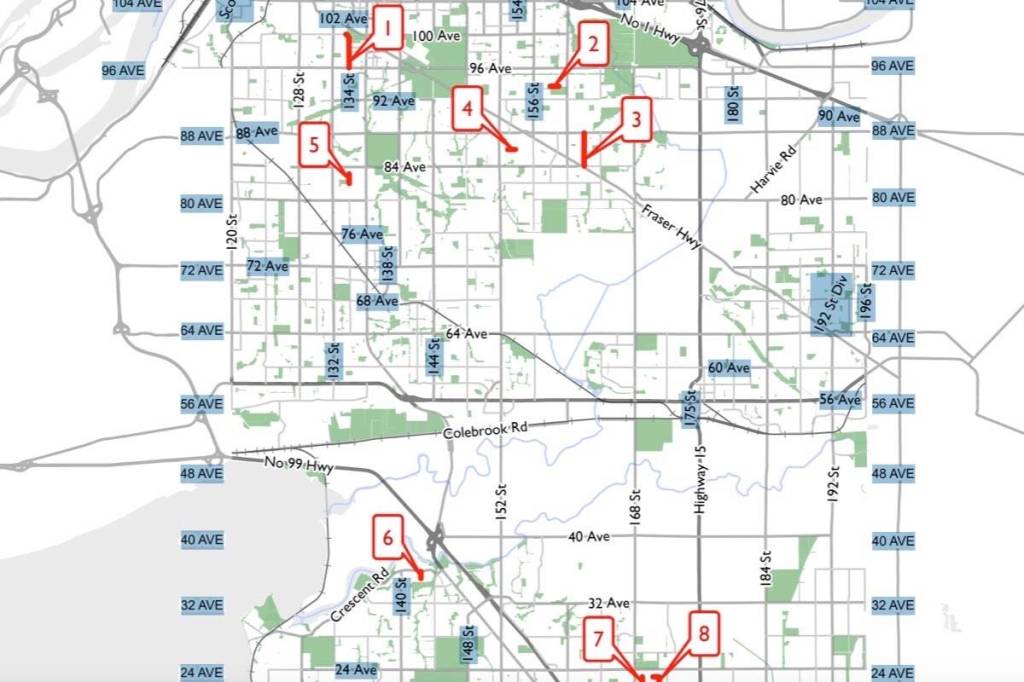 City map shows eight roads to be paved under contract council approved on Monday. (Map surrey.ca)
