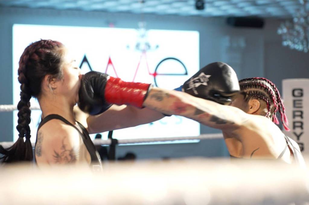 At the ISKA Canadian Amateur Women&rsquo;s title bout Friday (April 24), Surrey&rsquo;s Sonia Blade, right, emerged victorious over Zena Shaw of Vancouver Island to claim the championship belt. (Contributed to Peace Arch News)