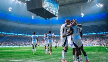 Whitecaps FC players celebrate at BC Place Stadium in Vancouver on Saturday, Nov. 22, 2025. (facebook.com/whitecapsfc photo)