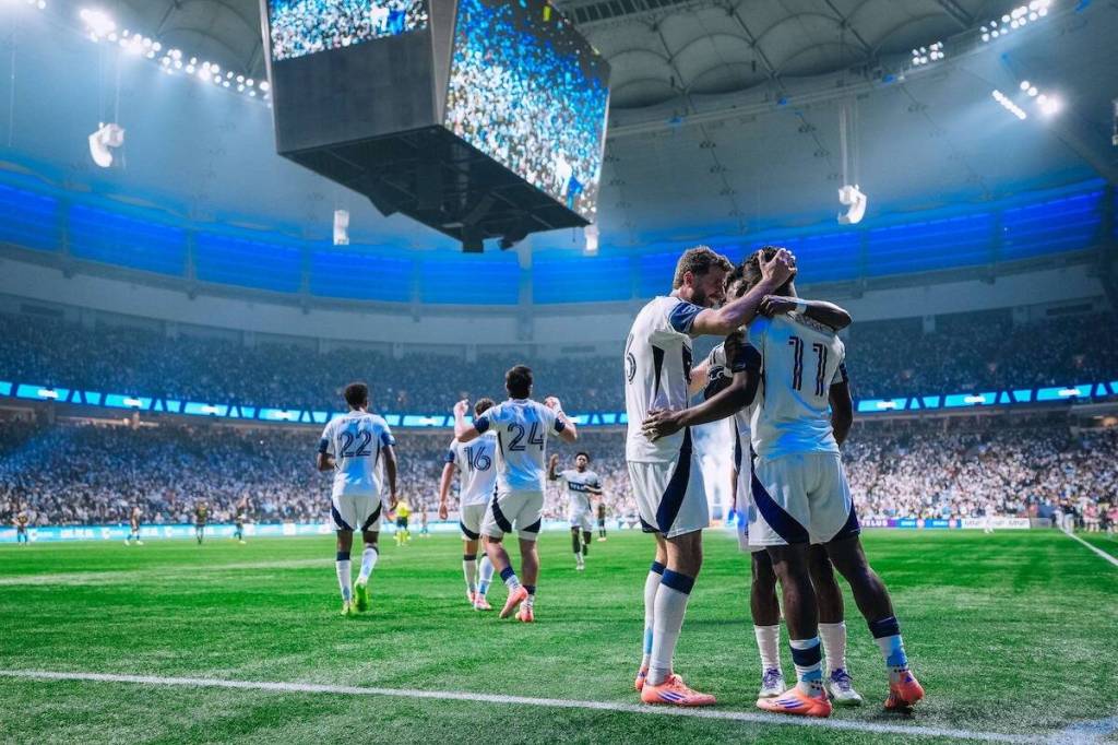 Whitecaps FC players celebrate at BC Place Stadium in Vancouver on Saturday, Nov. 22, 2025. (facebook.com/whitecapsfc photo)