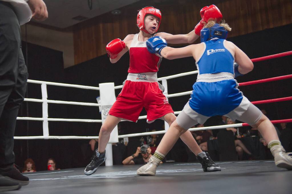 Bulldogs Boxing&rsquo;s Shane Jordan exchanges blows with Nelson Boxing&rsquo;s Beau Mahoney in their U13 JRA Novice bout during the Hit2Fit Gala at the SASCU Recreation Centre on Saturday, April 25, 2026. By unanimous decision, Jordan was declared the winner. (Lachlan Labere-Salmon Arm Observer)