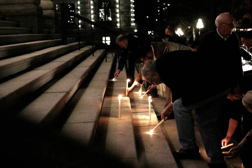 Current and former elected officials, other dignitaries and community members gathered at the B.C. legislature on Feb. 11 to mourn those who lost their lives in the Tumbler Ridge shooting. (Bailey Seymour/Victoria News)