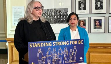 Attorney General Niki Sharma (right) announced the provincial government would be working alongside the BC Coroners Service to establish a standing committee on intimate partner violence. (Mark Page/Black Press Media)