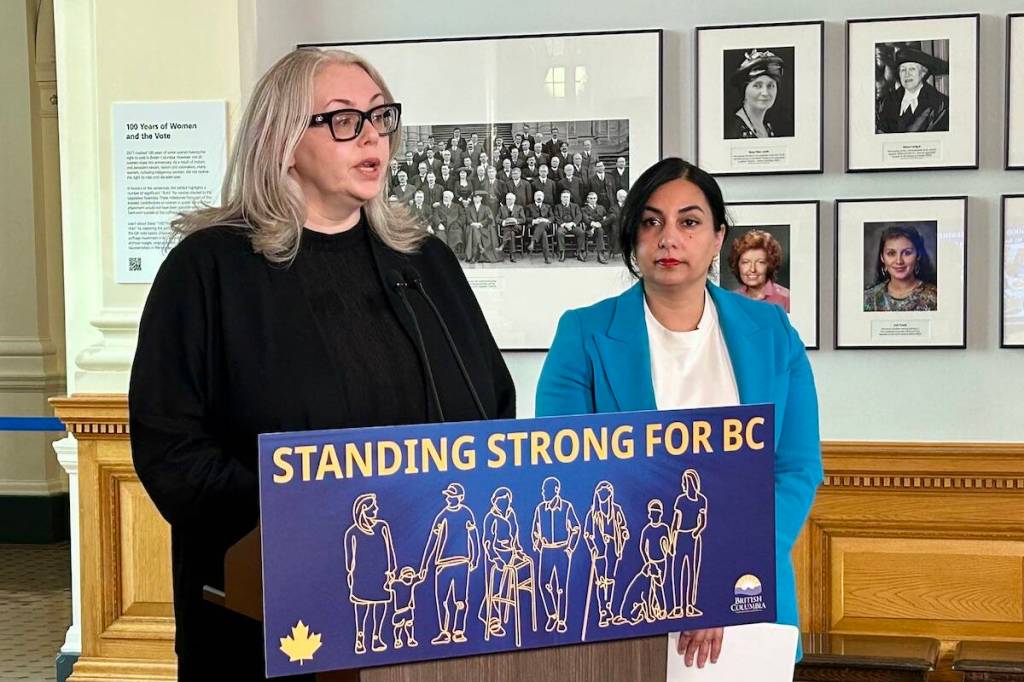Attorney General Niki Sharma (right) announced the provincial government would be working alongside the BC Coroners Service to establish a standing committee on intimate partner violence. (Mark Page/Black Press Media)
