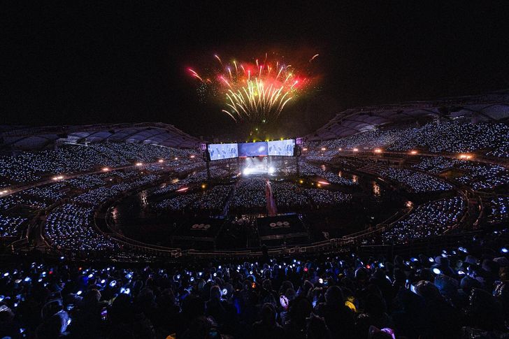 A panoramic view shows BTS performing at Goyang Stadium during the “BTS WORLD TOUR ‘ARIRANG’” concert in Gyeonggi Province, Saturday, as fans fill the open-roof venue. Courtesy of BigHit Music 