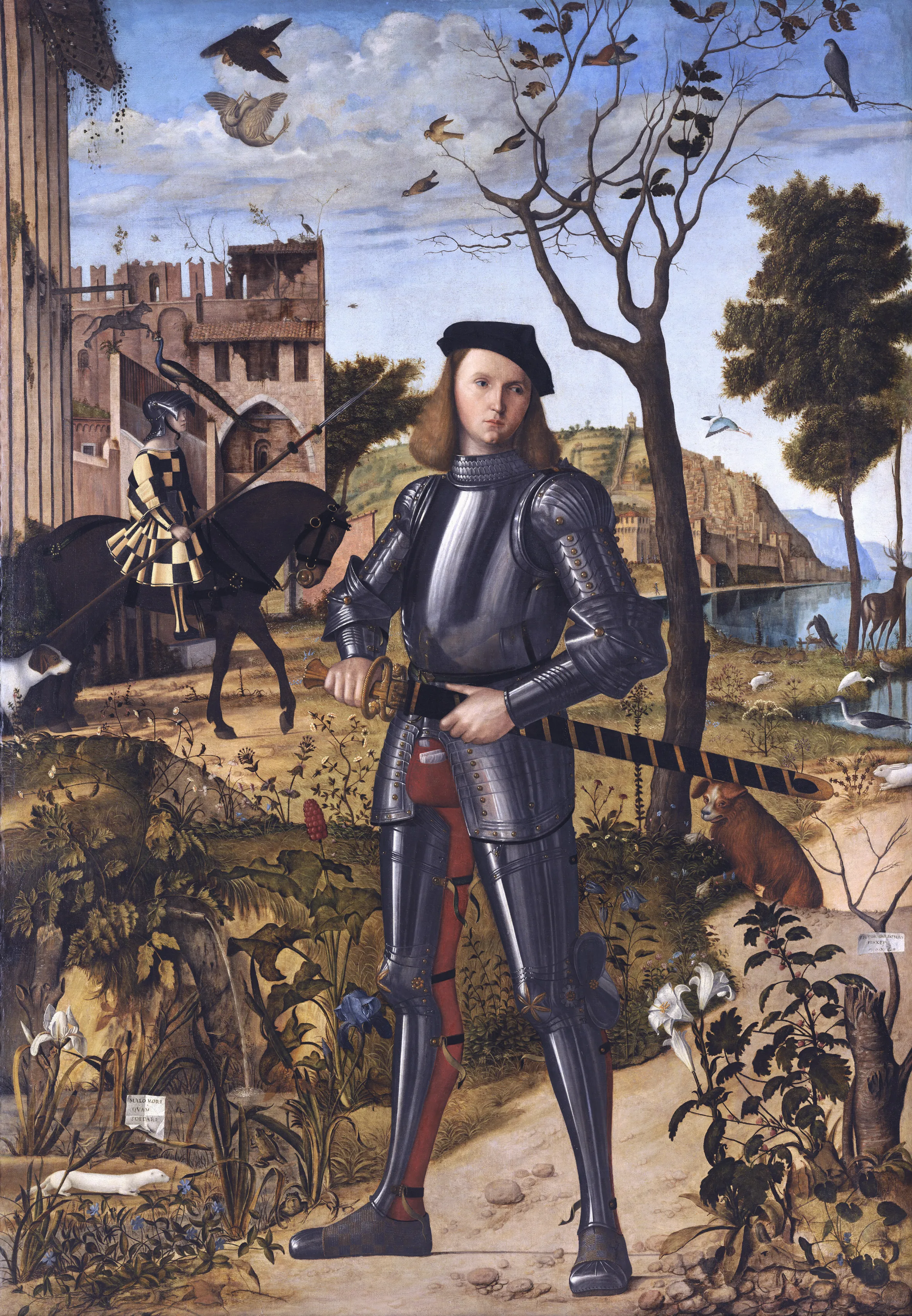 Illustration of the painting "Young Knight in a Landscape" by Vittore Carpaccio, depicting a young knight in full armor, standing in a vibrant landscape with a castle, trees, birds, and other animals.