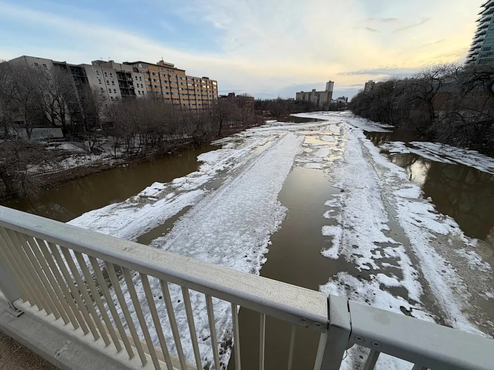 Ice floes flow along the Assiniboine River in Winnipeg on April 13 in this view from the Midtown Bridge.