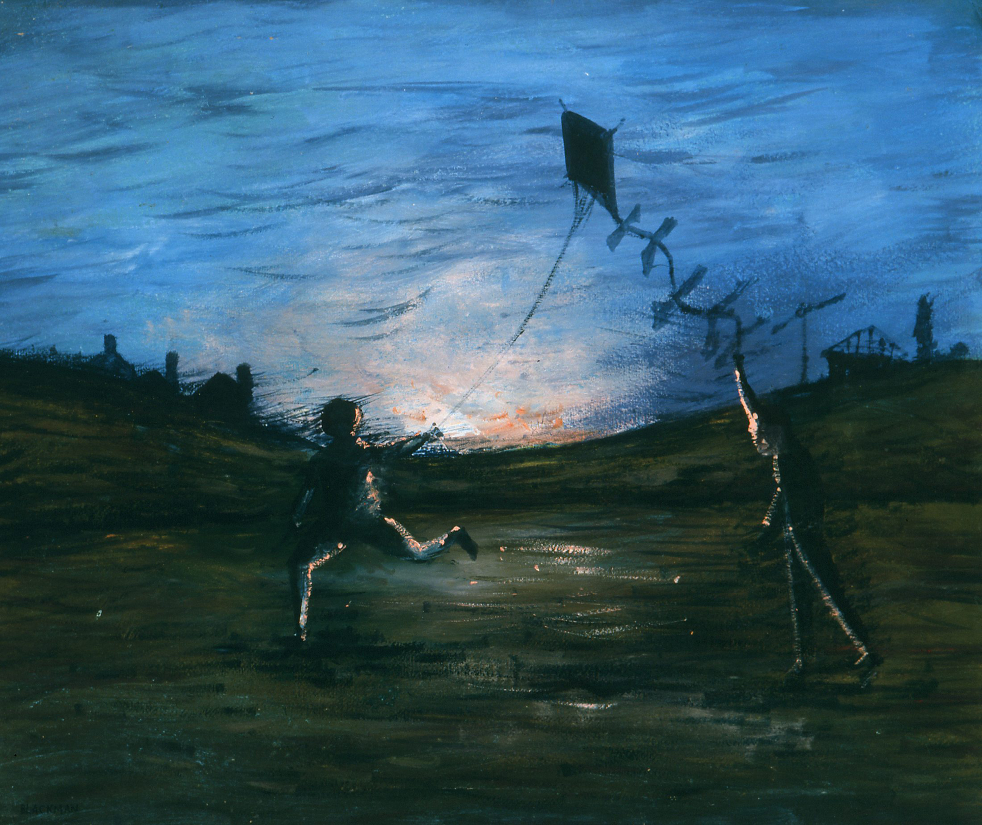 Sweeney Flying a Kite by Charles Blackman; a painting of a child running with a kite aloft as the sun sets behind him.