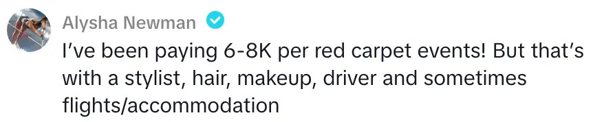 Tweet about spending $6-8K on red carpet events including stylist, hair, makeup, driver, and travel