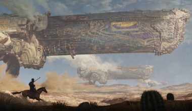 A giant spaceship flies past a cowboy