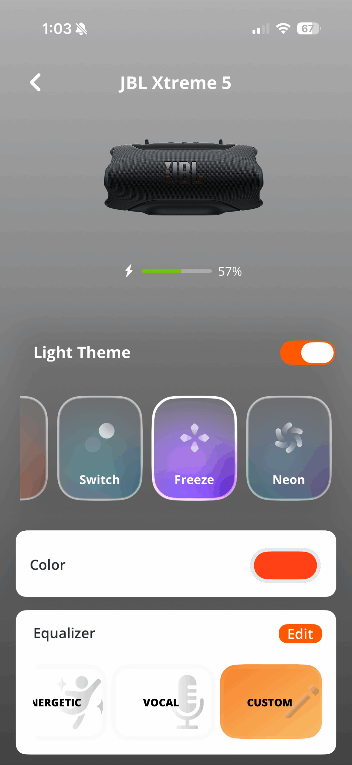 Screen shot of the JBL Portable app while connected to the JBL Xtreme 5.