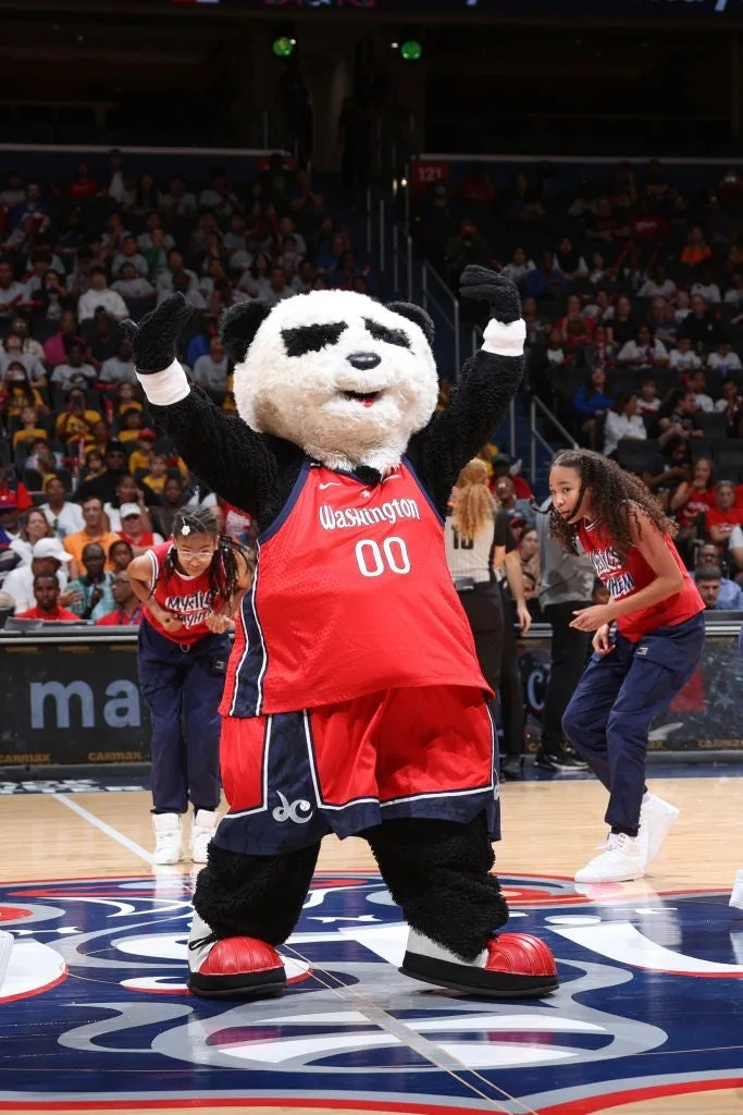 Basketball mascot, dressed as a panda in a jersey, entertains fans on the court during a game