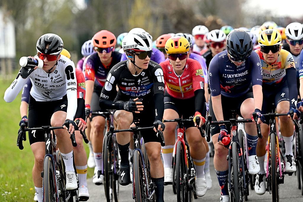 WAREGEM, BELGIUM - APRIL 01: (L-R) Ally Wollaston of New Zealand and Amber Kraak of Netherlands and Team FDJ United - SUEZ compete during the 14th Dwars door Vlaanderen 2026 - Women's Elite a 128.8km one day race from Waregem to Waregem / #UCIWWT / on April 01, 2026 in Waregem, Belgium. (Photo by Luc Claessen/Getty Images)