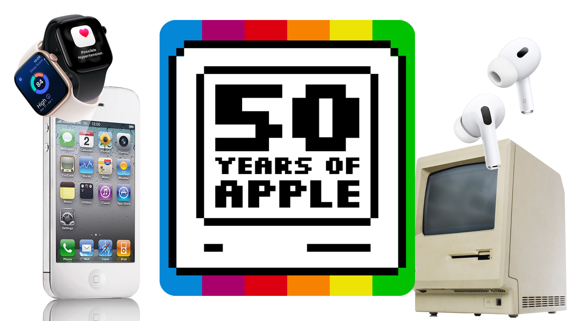 Apple Watch, iPhone, Macintosh 128k and Airpods Pro on a white background, arranged around a logo with text reading '50 years of Apple' on a bitmap image of a computer, in front of vertical rainbow stripes