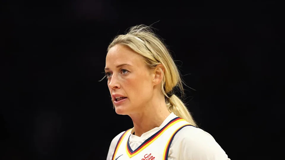 Indiana Fever guard Sophie Cunningham (8) reacts during a game.Mark J&period; Rebilas-Imagn Images