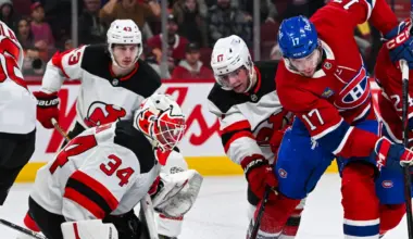Montreal Canadiens defenseman Logan Mailloux (24) plays the puck beside right wing Josh Anderson (17) against New Jersey Devils goalie Jake Allen (34) during the second period at Bell Centre.