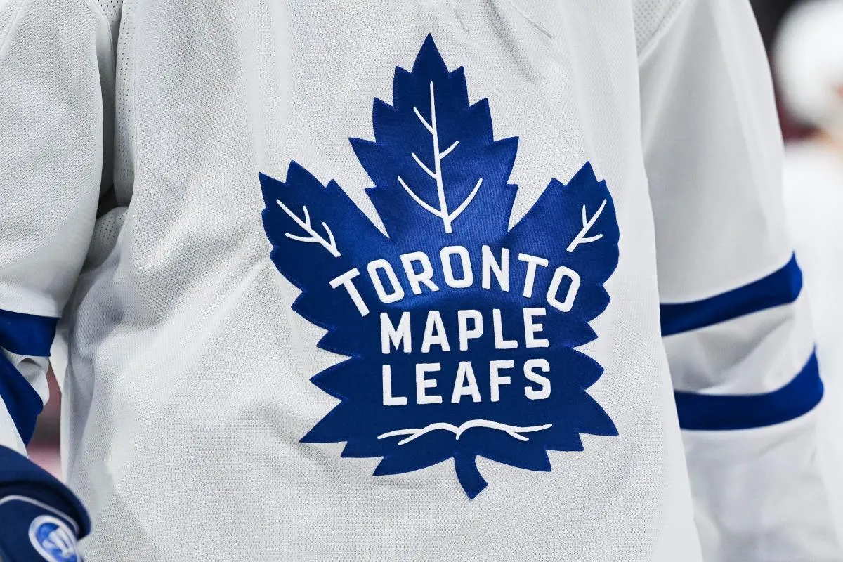 View of a Toronto Maple Leafs logo on a jersey worn by a member of the team during the second period at Bell Centre.