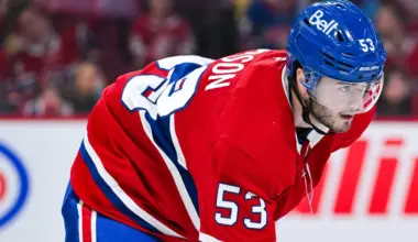 Montreal Canadiens defenseman Noah Dobson (53) waits for a face-off against the New York Islanders during the second period at Bell Centre.