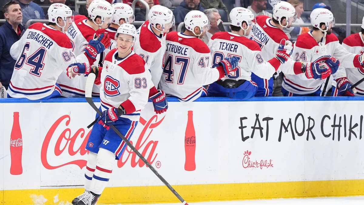Montréal Canadiens right wing Ivan Demidov (93) celebrates a goal against the New York Islanders in the second period at UBS Arena.