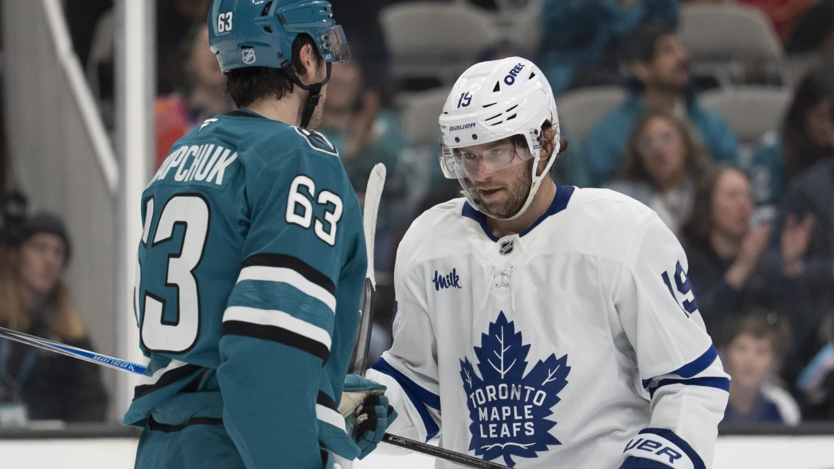 Toronto Maple Leafs center Calle Jarnkrok (19) stares down San Jose Sharks center Zack Ostapchuk (63) during the first period at SAP Center at San Jose