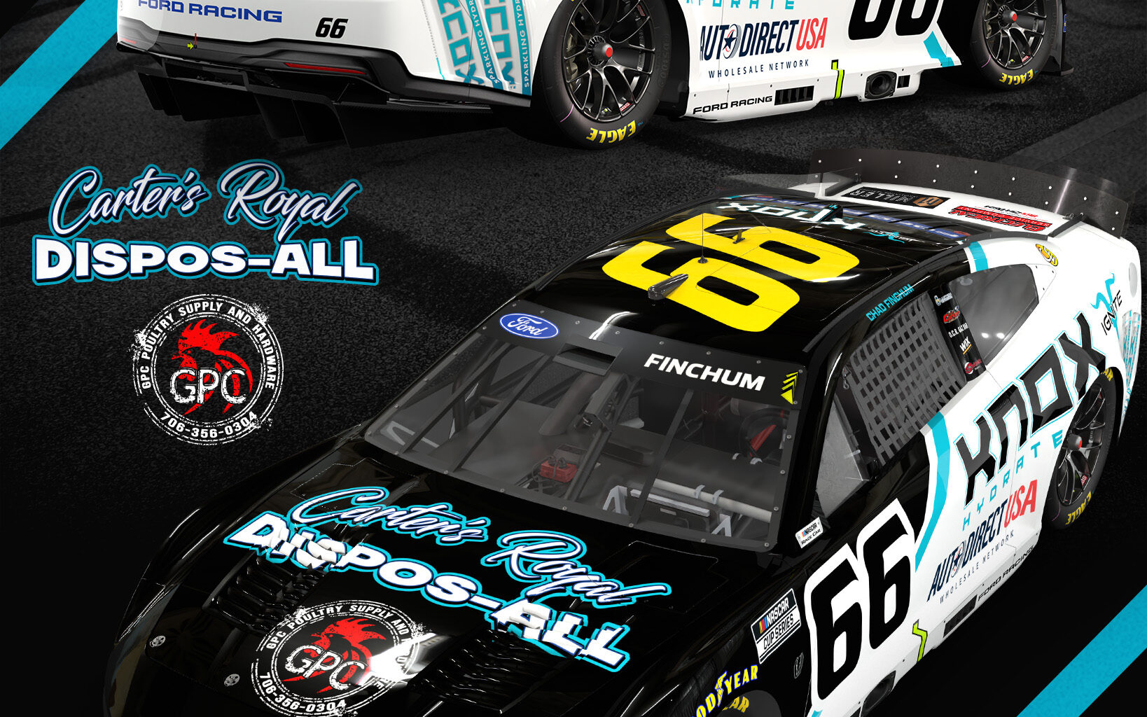 Two race cars with KNOX Hydrate branding, numbers 66 and 56, on a promotional poster for Chad Finchum at Talladega Superspeedway.