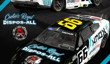 Two race cars with KNOX Hydrate branding, numbers 66 and 56, on a promotional poster for Chad Finchum at Talladega Superspeedway.