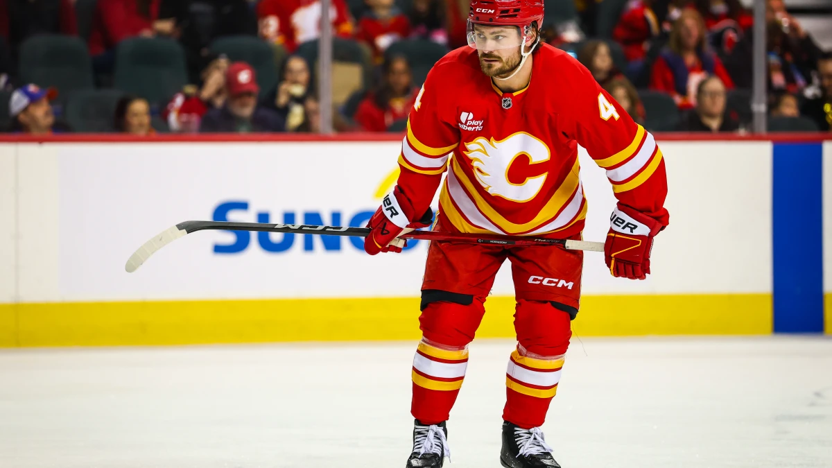 Calgary Flames defenseman Rasmus Andersson (4) against the New York Islanders during the second period at Scotiabank Saddledome.