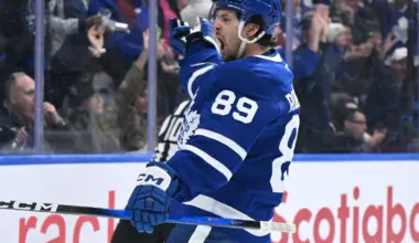 Toronto Maple Leafs forward Nick Robertson (89) celebrates after scoring a goal against the Boston Bruins in the first period at Scotiabank Arena.