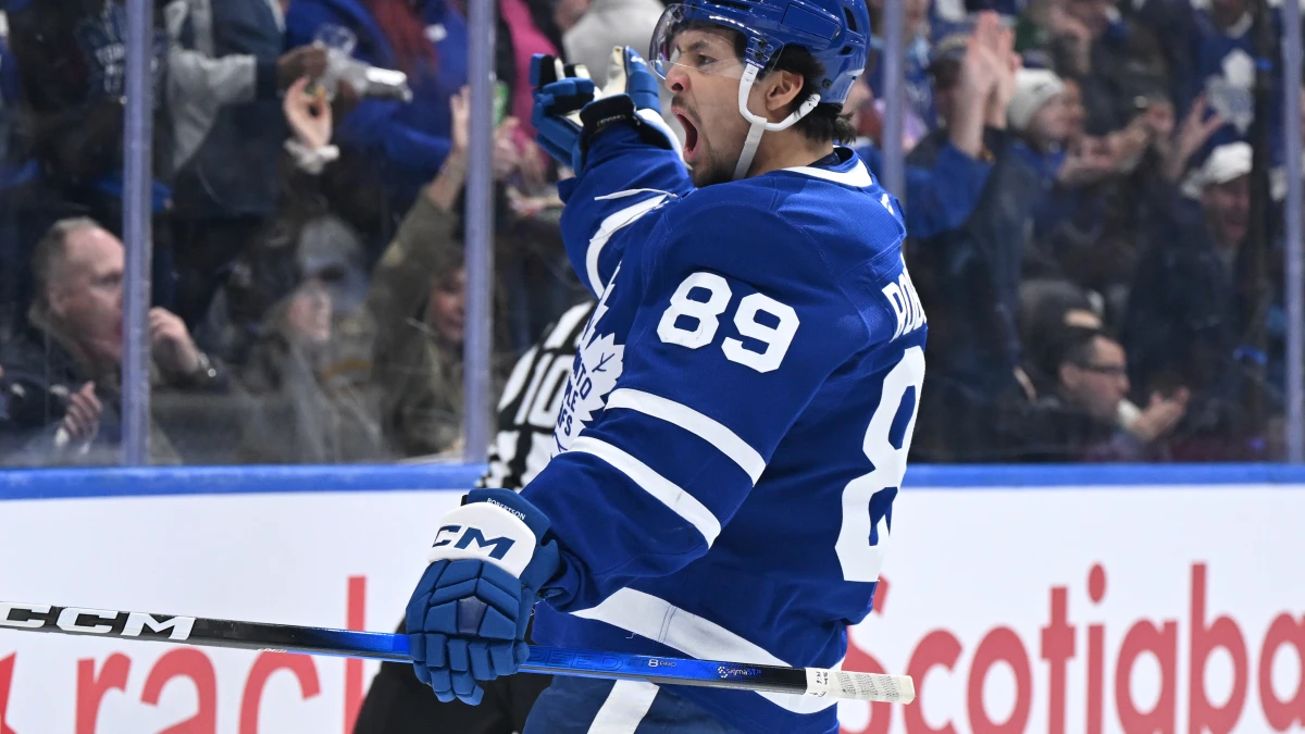 Toronto Maple Leafs forward Nick Robertson (89) celebrates after scoring a goal against the Boston Bruins in the first period at Scotiabank Arena.