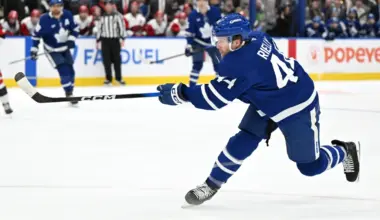 Toronto Maple Leafs defenseman Morgan Rielly (44) hits a slapshot against the Carolina Hurricanes in the first period at Scotiabank Arena.