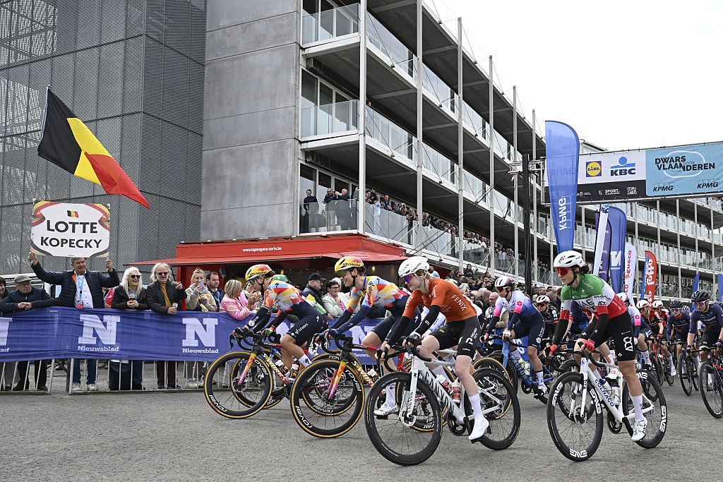 Belgian Lotte Kopecky of SD Worx-Protime, Belgian Mischa Bredewold of SD Worx-Protime, Dutch Puck Pieterse of Fenix-Premier Tech and Italian Elisa Longo Borghini of UAE Team ADQ pictured at the start of the women elite race of the 'Dwars Door Vlaanderen' cycling event, 128,9km from Roeselare to Waregem, Wednesday 01 April 2026.BELGA PHOTO TOM GOYVAERTS (Photo by Tom Goyvaerts / BELGA MAG / Belga / AFP via Getty Images)