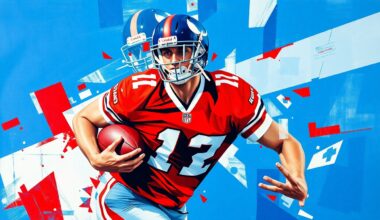 A fragmented, geometric painting depicting the dynamic motion of a Canadian football player, with sharp planes of royal blue, red, and white colors representing the Toronto Argonauts team palette.