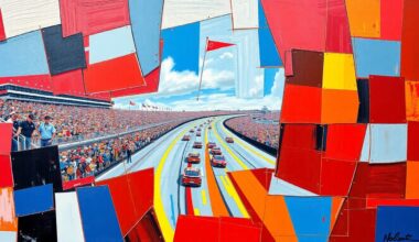 A cubist, geometric painting depicting a NASCAR race at Rockingham Speedway, with the track, cars, and spectators broken down into sharp, overlapping planes of vibrant red, blue, and yellow colors.