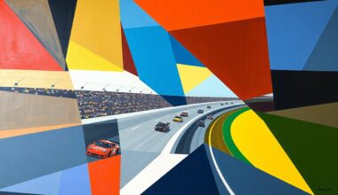 A cubist, geometric painting depicting a NASCAR race at Rockingham Speedway, with the cars and track broken down into sharp, overlapping planes of color and abstract shapes, capturing the energy and motion of the event.