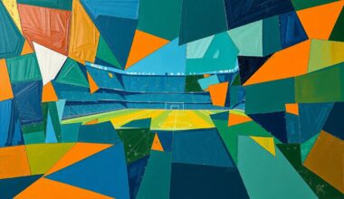 A cubist, geometric painting depicting a fragmented football game or match, with sharp, overlapping planes of navy blue, forest green, and burnt orange, conveying the complex dynamics between sports reporters and their sources.