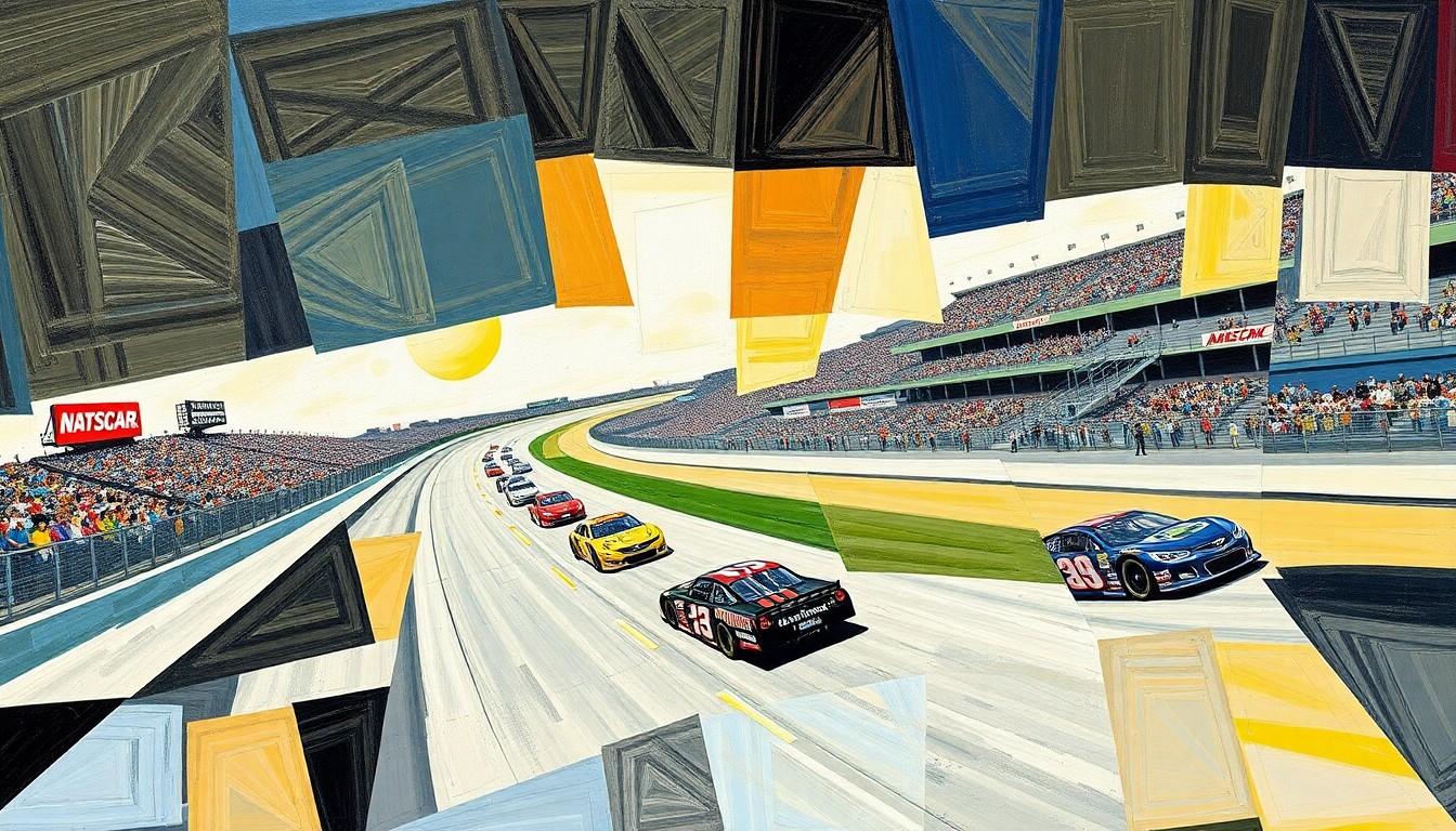 A cubist, geometric painting depicting a fragmented, multi-angled view of a NASCAR race at Talladega Superspeedway, with sharp, overlapping planes of color representing the speed and intensity of the event.