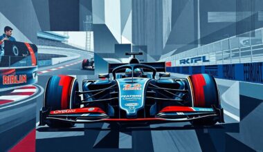 A cubist, geometric painting depicting a Formula 1 car and race track broken down into sharp, overlapping planes of dark grays, blues, and reds, conveying the strategic planning and development happening during the April break.