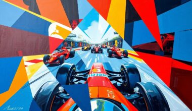 A cubist, geometric painting depicting a fragmented Formula 1 race, with sharp, overlapping planes of vibrant red, blue, and yellow colors, conveying the complex and evolving nature of the sport
