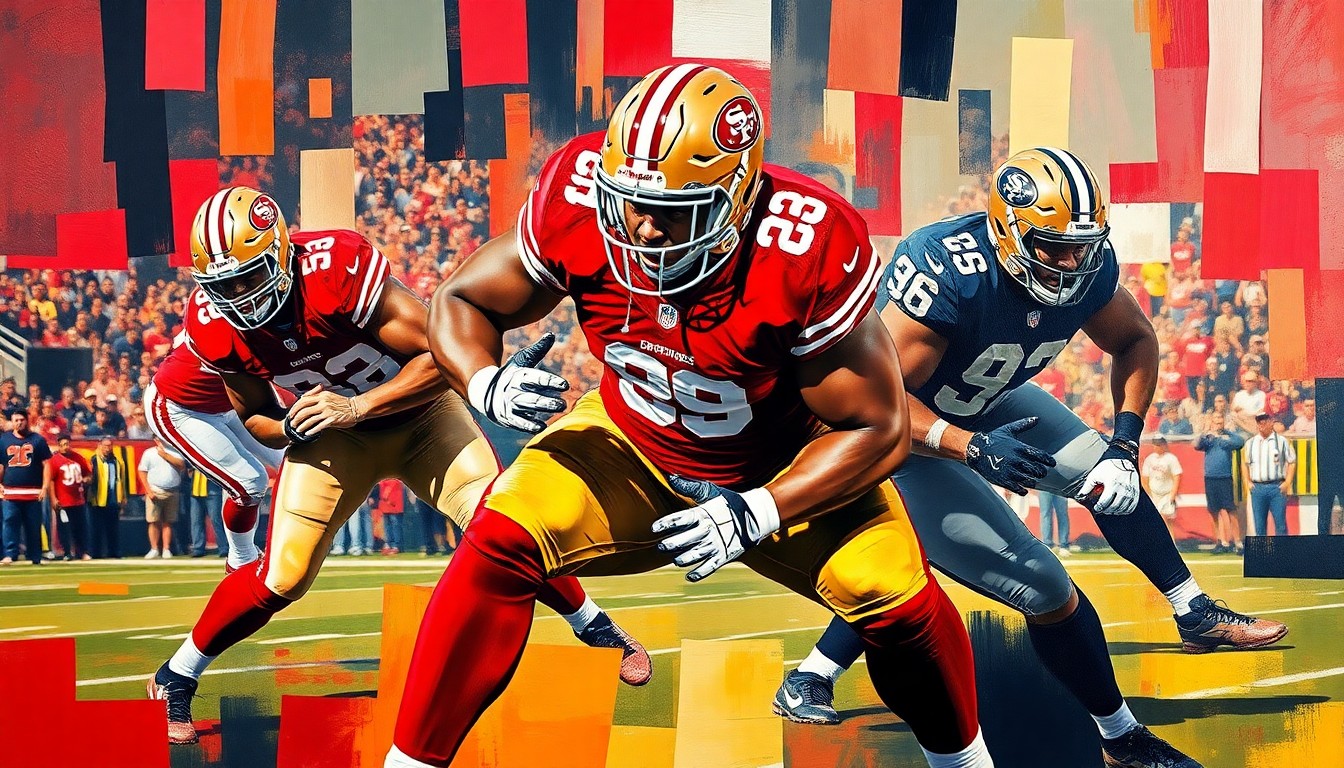 A cubist, geometric painting depicting a defensive lineman