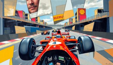 A cubist-style painting depicting a Formula 1 race scene, with the cars and track broken down into sharp, overlapping geometric shapes in a vibrant color palette.
